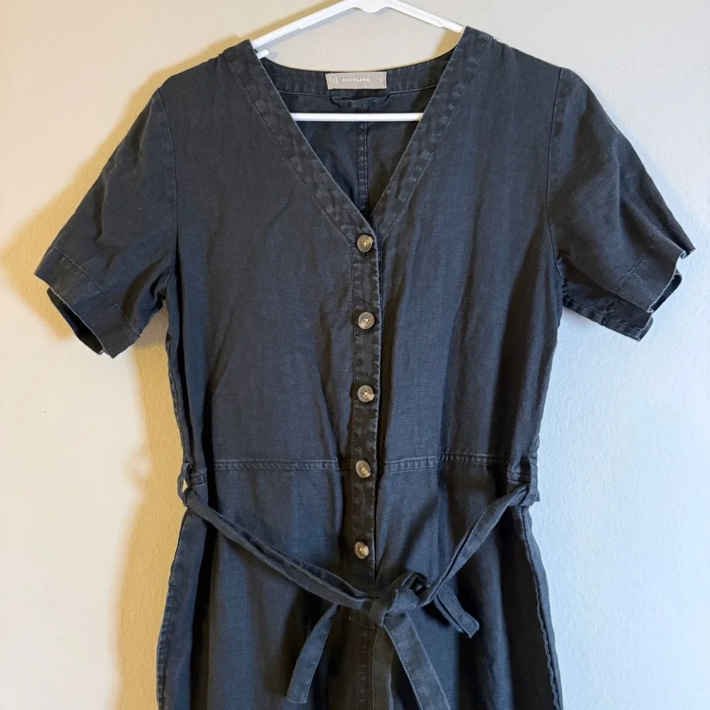 Everlane Black 100% Linen Short Sleeve Button Front Picnic Jumpsuit‎ Womens 4